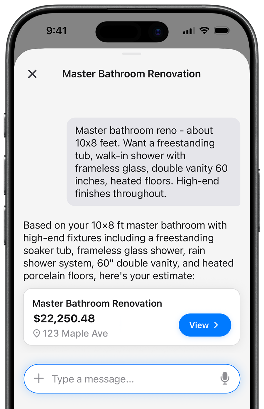 Estimio app showing AI-powered construction estimate conversation with detailed cost breakdown